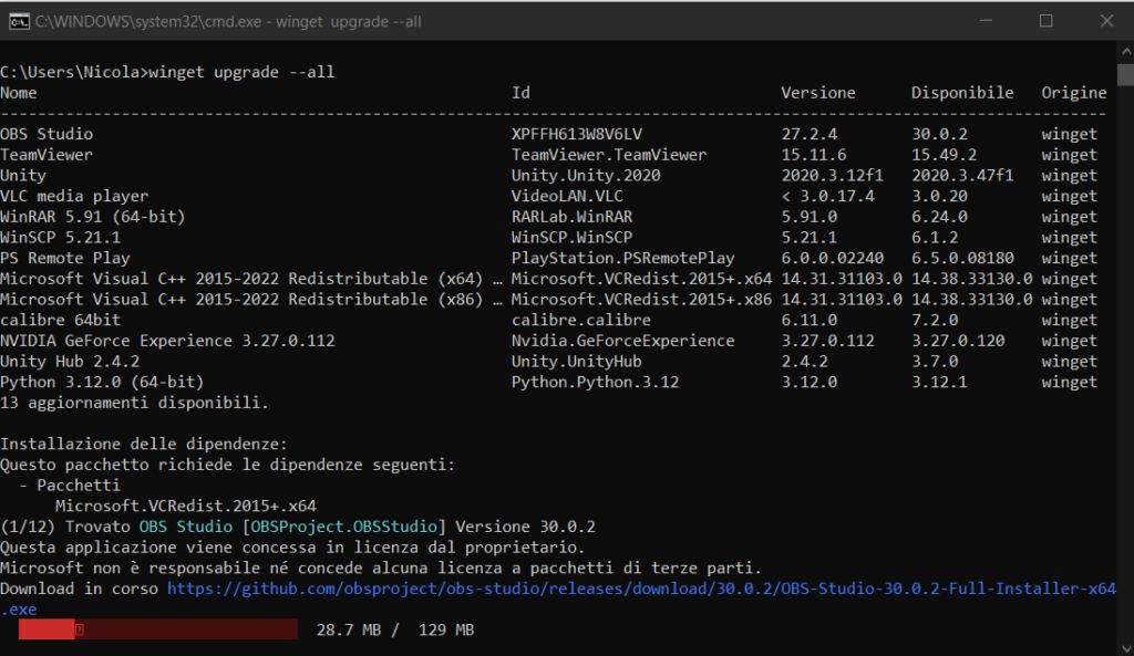 Winget - Esempio di programmi in aggiornamento in backgroud