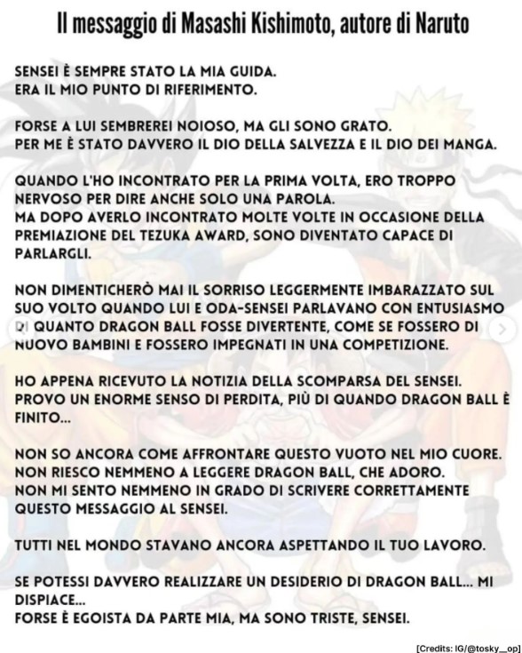 Il messaggio di cordoglio di Masashi Kishimoto (autore di Naruto)