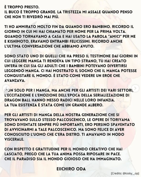 Il messaggio di cordoglio di Eiichiro Oda (autore di One Piece)