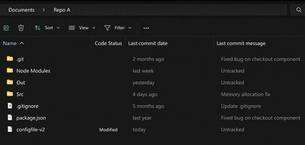 Esplora file integrato con git: dettaglio