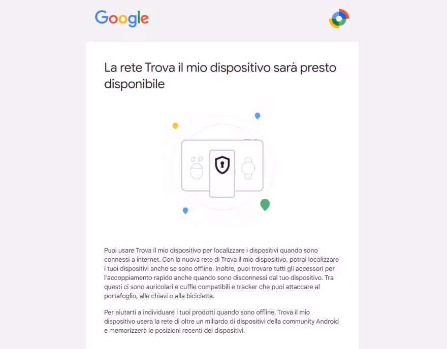 La mail di Google che annuncia che presto arriverà la rete di Trova il mio dispositivo