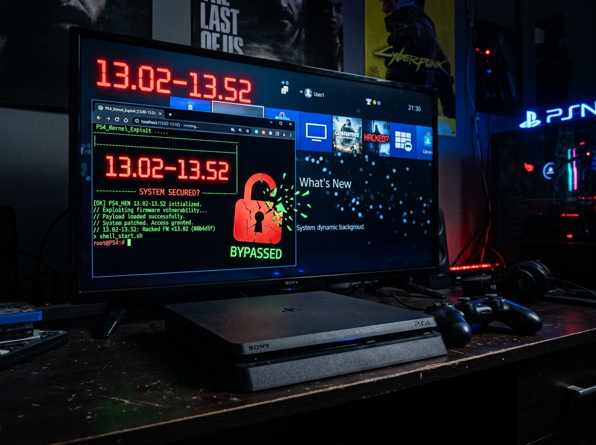 PlayStation 4 con jailbreak firmware 13.02–13.52: console, menu PS4 e simboli di exploit e sicurezza
